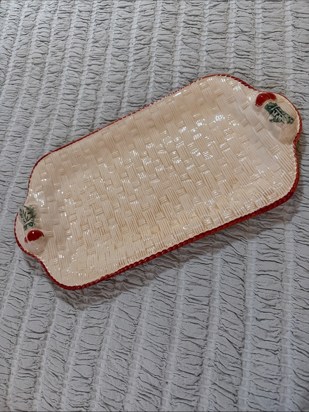 Ceramic Basketweave Serving Platter with Orange Trim-NWOT